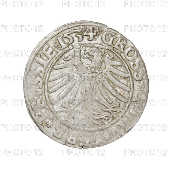Prussian grosz, Sigismund I the Old (King of Poland; 1506–1548). Obverse: Crowned male bust in