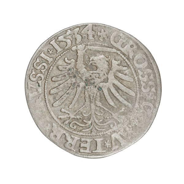 Prussian grosz, Sigismund I the Old (King of Poland; 1506–1548). Obverse: Crowned male bust in