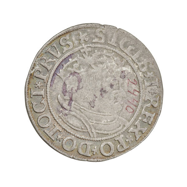 Prussian grosz, Sigismund I the Old (King of Poland; 1506–1548). Obverse: Crowned male bust in