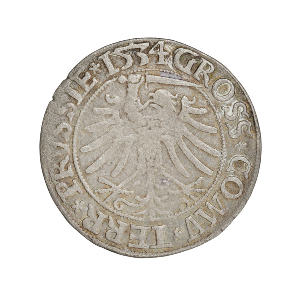 Prussian grosz of Sigismund I the Old (King of Poland; 1506–1548). Obverse: Crowned male bust in