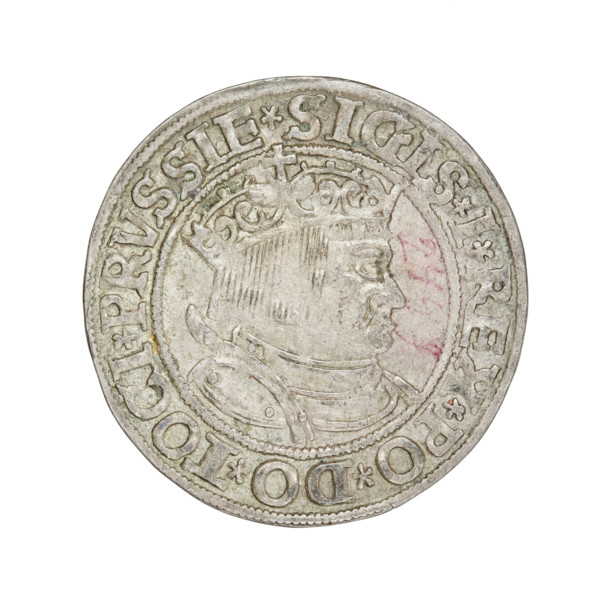 Prussian grosz, Sigismund I the Old (King of Poland; 1506–1548). Obverse: Crowned male bust in