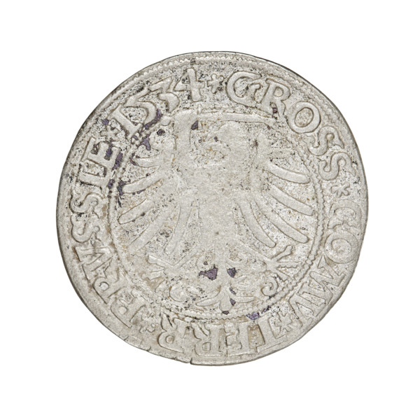 Prussian grosz, Sigismund I the Old (King of Poland; 1506–1548). Obverse: Crowned male bust in