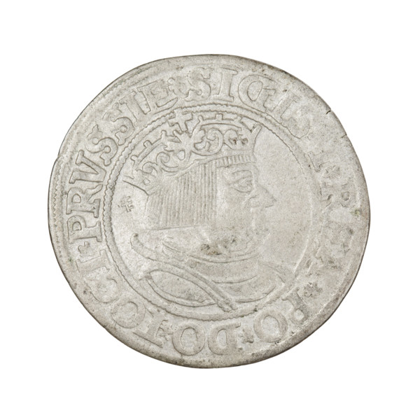 Prussian grosz, Sigismund I the Old (King of Poland; 1506–1548). Obverse: Crowned male bust in