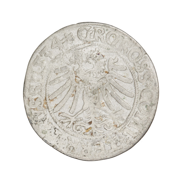 Prussian grosz, Sigismund I the Old (King of Poland; 1506–1548). Obverse: Crowned male bust in