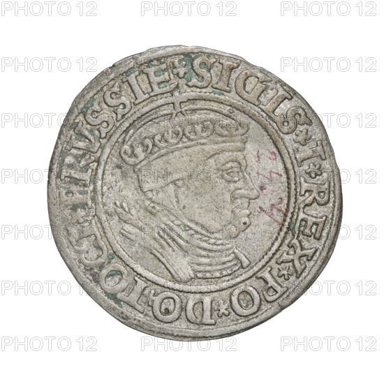 Prussian grosz, Sigismund I the Old (King of Poland; 1506–1548). Obverse: Crowned male bust in