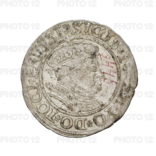 Prussian grosz, Sigismund I the Old (King of Poland; 1506–1548). Obverse: Crowned male bust in