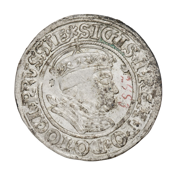 Prussian grosz, Sigismund I the Old (King of Poland; 1506–1548). Obverse: Crowned male bust in