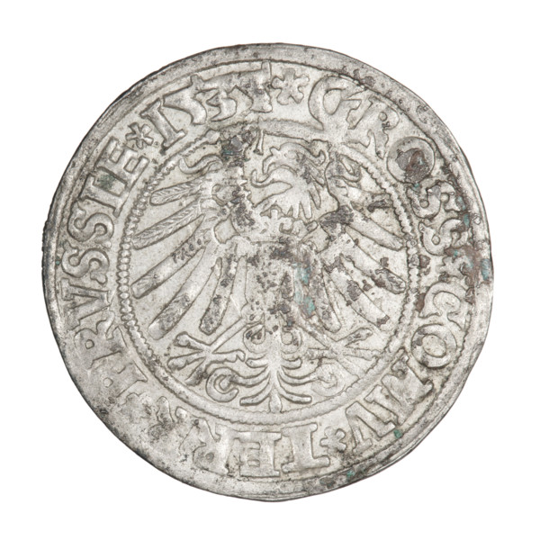Prussian grosz, Sigismund I the Old (King of Poland; 1506–1548). Obverse: Crowned male bust in