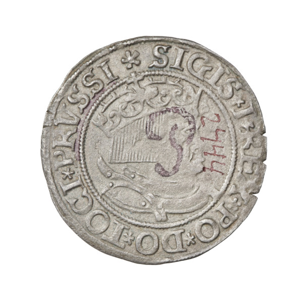Prussian grosz, Sigismund I the Old (King of Poland; 1506–1548). Obverse: Crowned male bust in