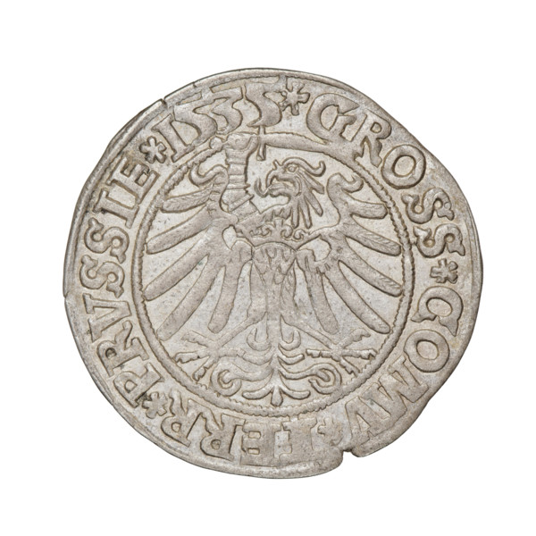 Prussian grosz, Sigismund I the Old (King of Poland; 1506–1548). Obverse: Crowned male bust in