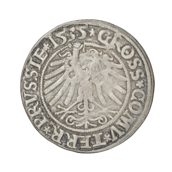 Prussian grosz, Sigismund I the Old (King of Poland; 1506–1548). Obverse: Crowned male bust in