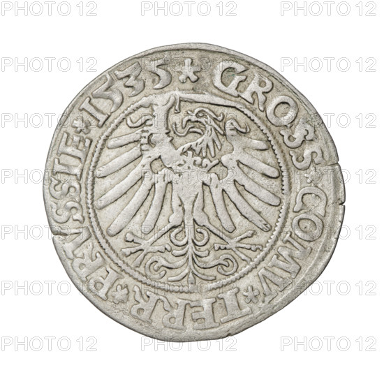 Prussian grosz, Sigismund I the Old (King of Poland; 1506–1548). Obverse: Crowned male bust in