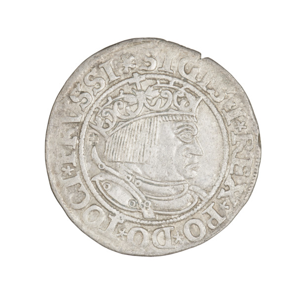 Prussian grosz, Sigismund I the Old (King of Poland; 1506–1548). Obverse: Crowned male bust in