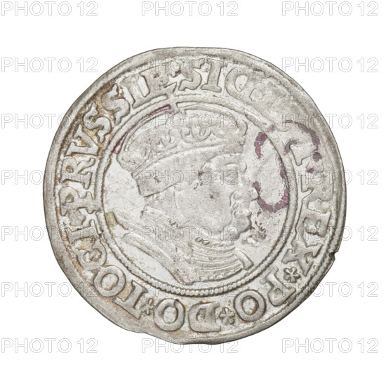 Prussian grosz, Sigismund I the Old (King of Poland; 1506–1548). Obverse: crowned male bust in
