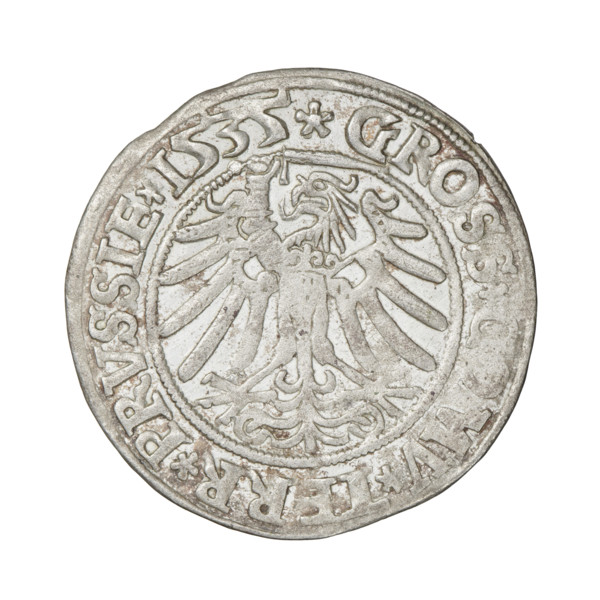 Prussian grosz, Sigismund I the Old (King of Poland; 1506–1548). Obverse: Crowned male bust in
