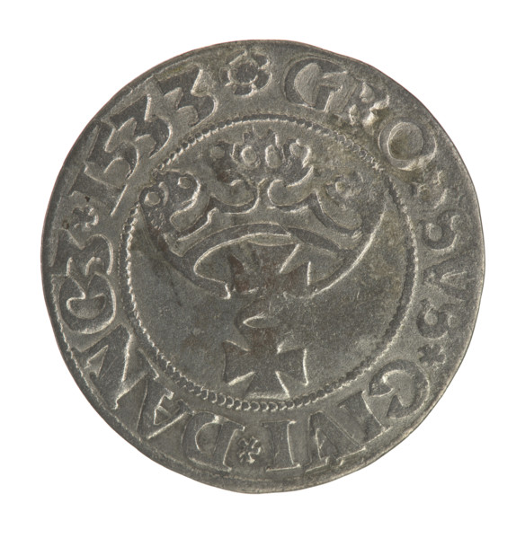 Gdansk grosz, Sigismund I the Old (King of Poland; 1506–1548). Obverse: Crowned male bust in