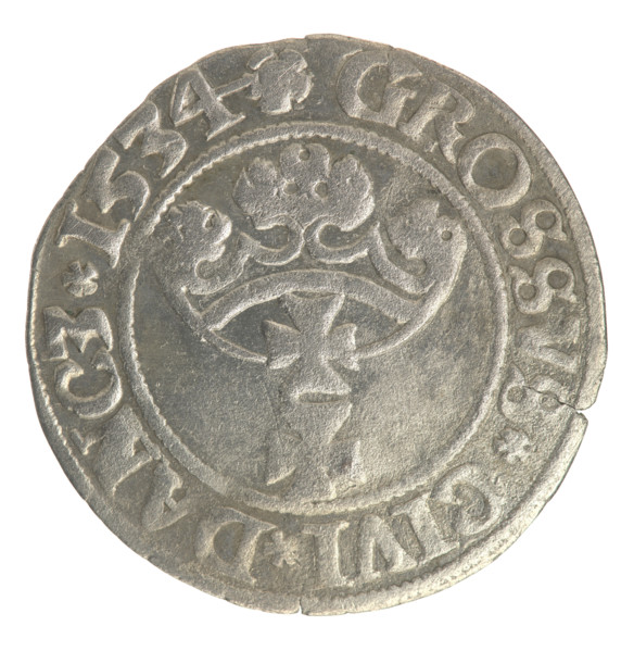 Gdansk grosz, Sigismund I the Old (King of Poland; 1506–1548). Polish coin, 1534. Obverse: Crowned