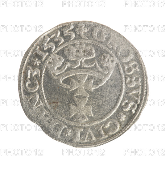 Gdansk grosz, Sigismund I the Old (King of Poland; 1506–1548). Obverse: Crowned male bust in