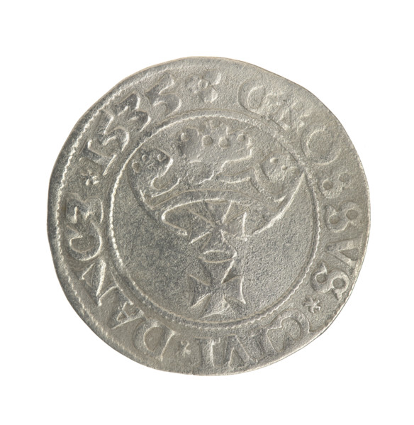 Gdansk grosz, Sigismund I the Old (King of Poland; 1506–1548). Obverse: Crowned male bust in
