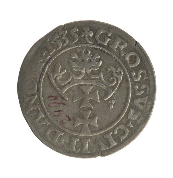 Gdansk grosz, Sigismund I the Old (King of Poland; 1506–1548). Polish coin, 1535. Obverse: Crowned