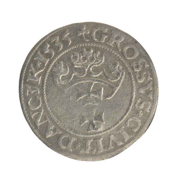 Gdansk grosz, Sigismund I the Old (King of Poland; 1506–1548). Obverse: Crowned male bust in