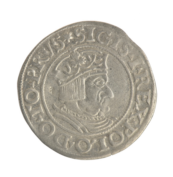 Gdansk grosz, Sigismund I the Old (King of Poland; 1506–1548). Obverse: Crowned male bust in