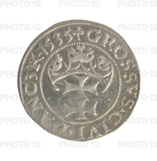 Gdansk grosz, Sigismund I the Old (King of Poland; 1506–1548). Obverse: Crowned male bust in