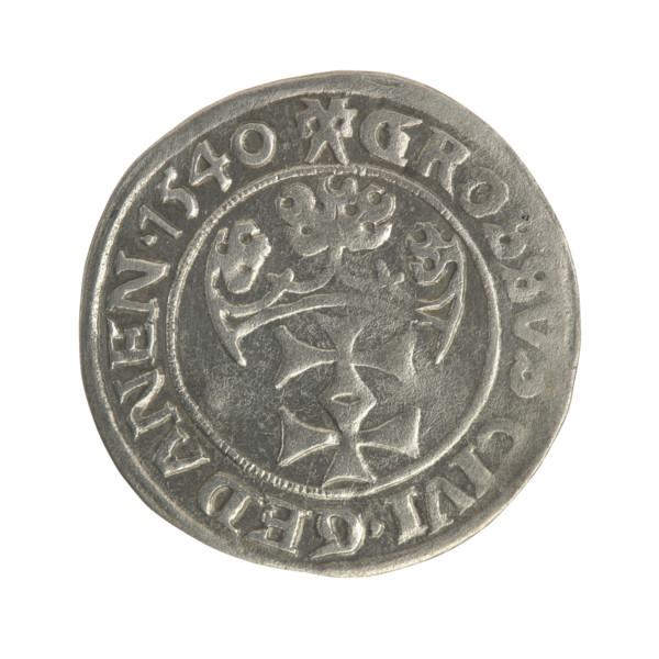 Gdansk grosz, Sigismund I the Old (King of Poland; 1506–1548). Obverse: Crowned male bust in