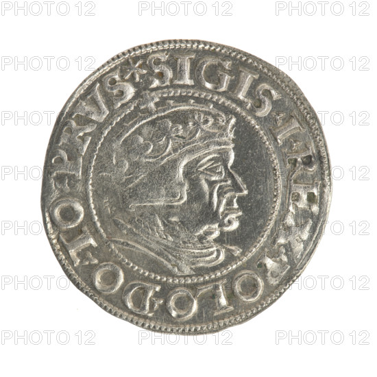 Gdansk grosz, Sigismund I the Old (King of Poland; 1506–1548). Obverse: Crowned male bust in
