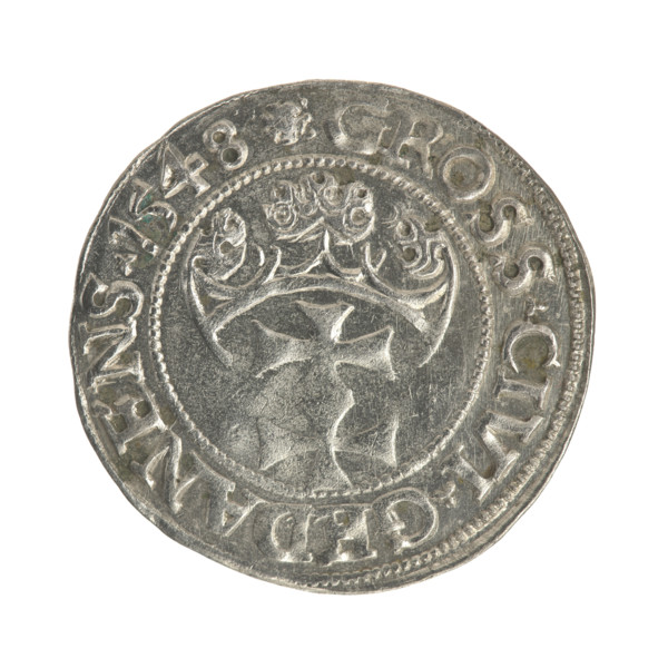 Gdansk grosz, Sigismund I the Old (King of Poland; 1506–1548). Obverse: Crowned male bust in