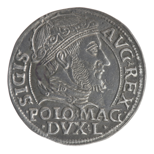 Lithuanian grosz on a Polish foot, Sigismund II Augustus (King of Poland; 1544–1572). Obverse: