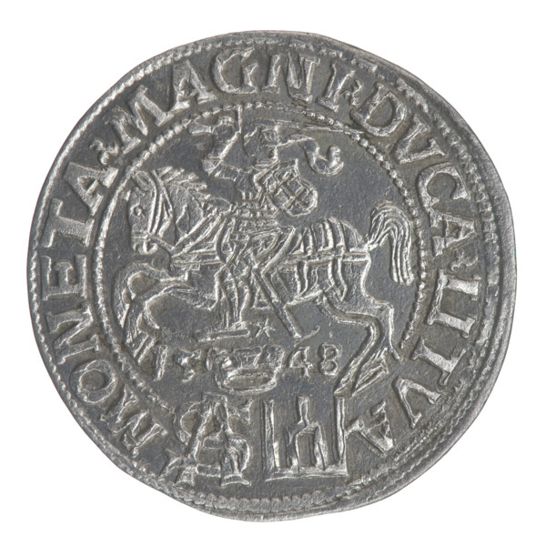 Lithuanian grosz on a Polish foot, Sigismund II Augustus (King of Poland; 1544–1572). Obv.: Crowned
