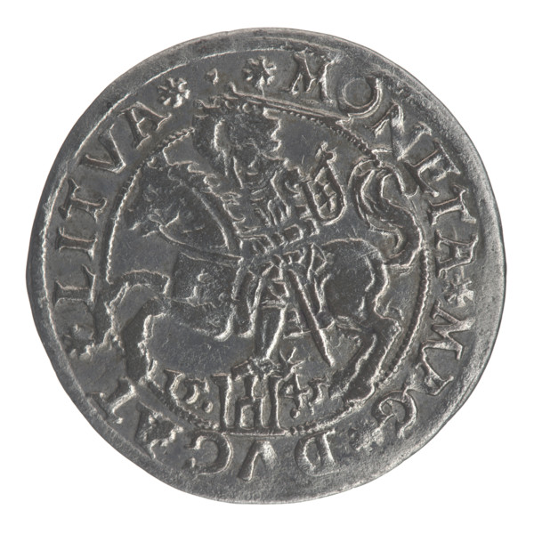 Lithuanian grosz (coin) dated 1545, minted in Vilnius, Grand Duchy of Lithuania. Obverse: crowned
