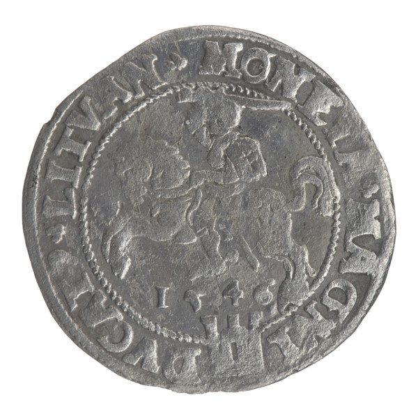 Lithuanian grosz on a Lithuanian foot, Sigismund II Augustus (king of Poland; 1544–1572). Coats of