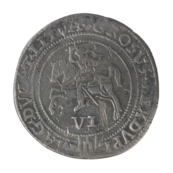 Lithuanian sixer, Sigismund II Augustus (king of Poland; 1544–1572). Coats of arms; Jagiellonians