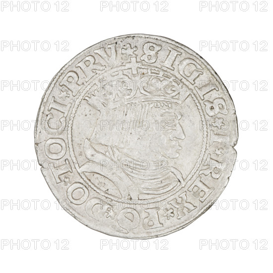 Prussian grosz, Sigismund I the Old (King of Poland; 1506–1548). Obverse: crowned male bust in