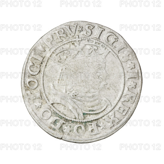 Prussian grosz, Sigismund I the Old (King of Poland; 1506–1548). Obverse: crowned male bust in