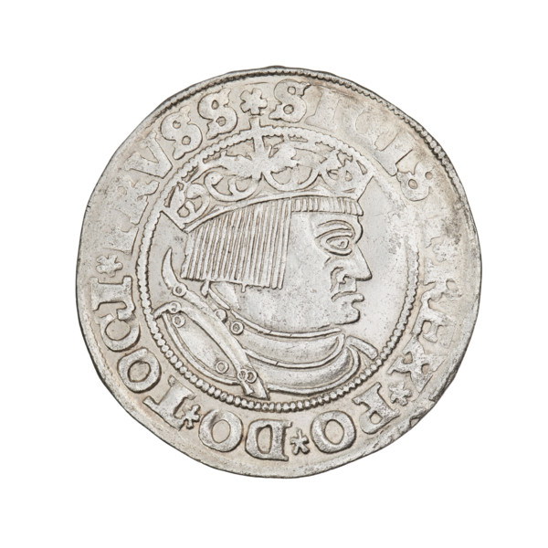 Prussian grosz, Sigismund I the Old (King of Poland; 1506–1548). Obverse: crowned male bust in