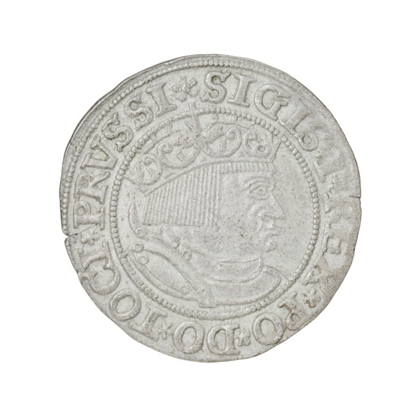 Prussian grosz of Sigismund I the Old (King of Poland, 1506–1548). Obverse: crowned male bust in