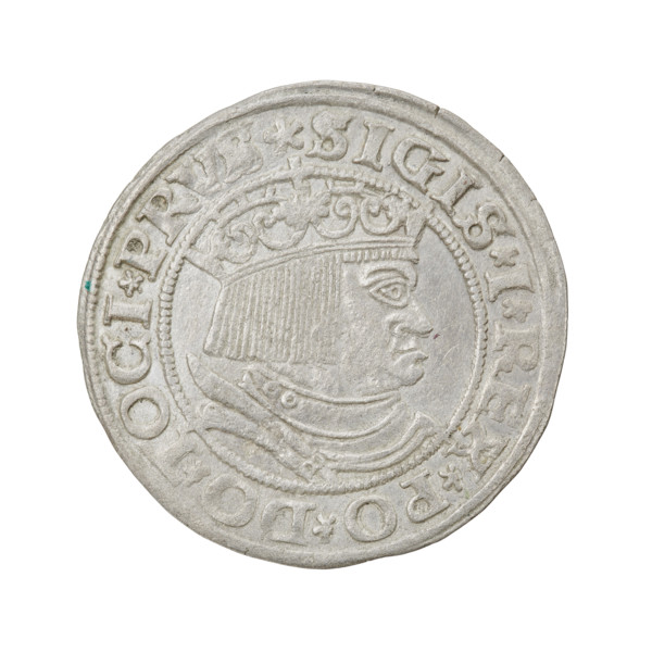 Prussian grosz of Sigismund I the Old (King of Poland; 1506–1548). Obverse: crowned male bust in
