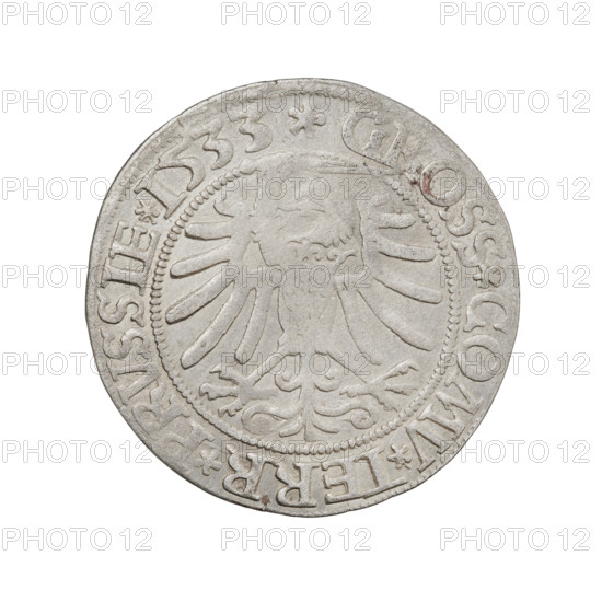 Prussian grosz of Sigismund I the Old (King of Poland, 1506–1548). Obverse: Crowned male bust in