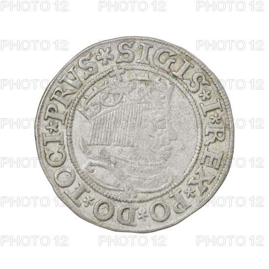 Prussian grosz, Sigismund I the Old (King of Poland; 1506–1548). Obverse: Crowned male bust in