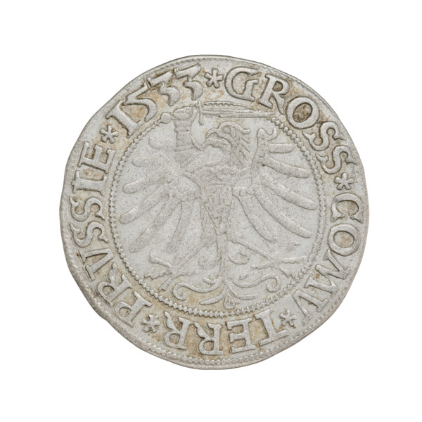 Prussian grosz, Sigismund I the Old (King of Poland; 1506–1548); obverse: crowned male bust in