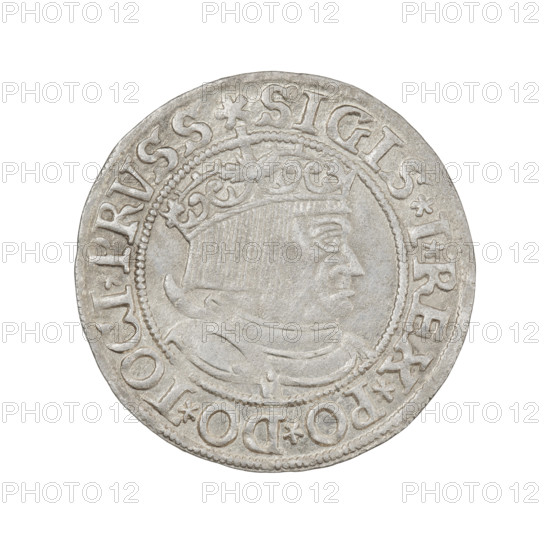 Prussian grosz, Sigismund I the Old (King of Poland; 1506–1548). Obverse: Crowned male bust in