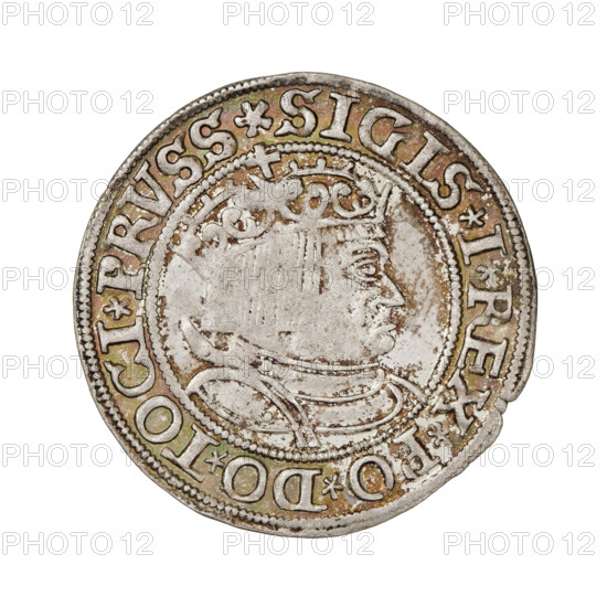 Prussian grosz, Sigismund I the Old (King of Poland; 1506–1548). Obverse: crowned male bust in