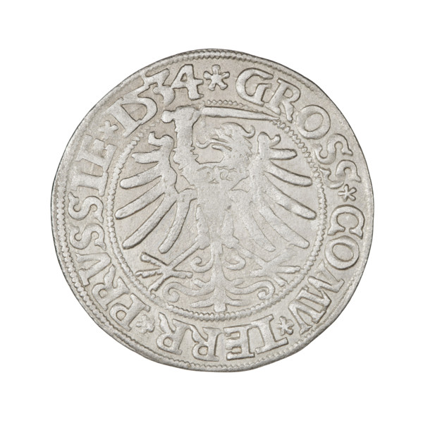 Prussian grosz, Sigismund I the Old (King of Poland; 1506–1548). Obverse: Crowned male bust in