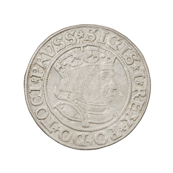 Prussian grosz of Sigismund I the Old (King of Poland, 1506–1548). Obverse: crowned male bust in