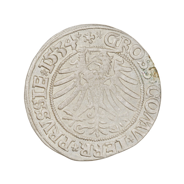 Prussian grosz (1534) depicting Sigismund I the Old (King of Poland, 1506–1548). Obverse: crowned