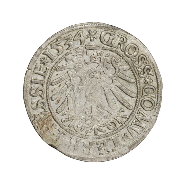 Prussian grosz, Sigismund I the Old (King of Poland; 1506–1548). Obverse: crowned male bust in