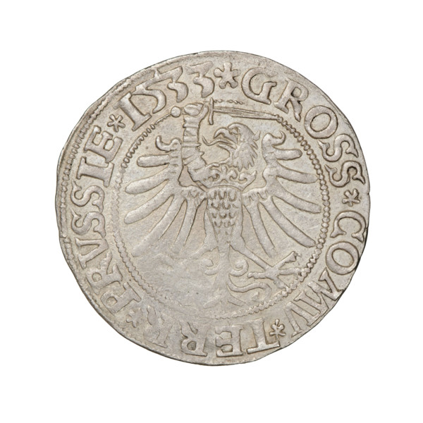 Prussian grosz of Sigismund I the Old (King of Poland, 1506–1548), 1533. Obverse: Crowned male bust